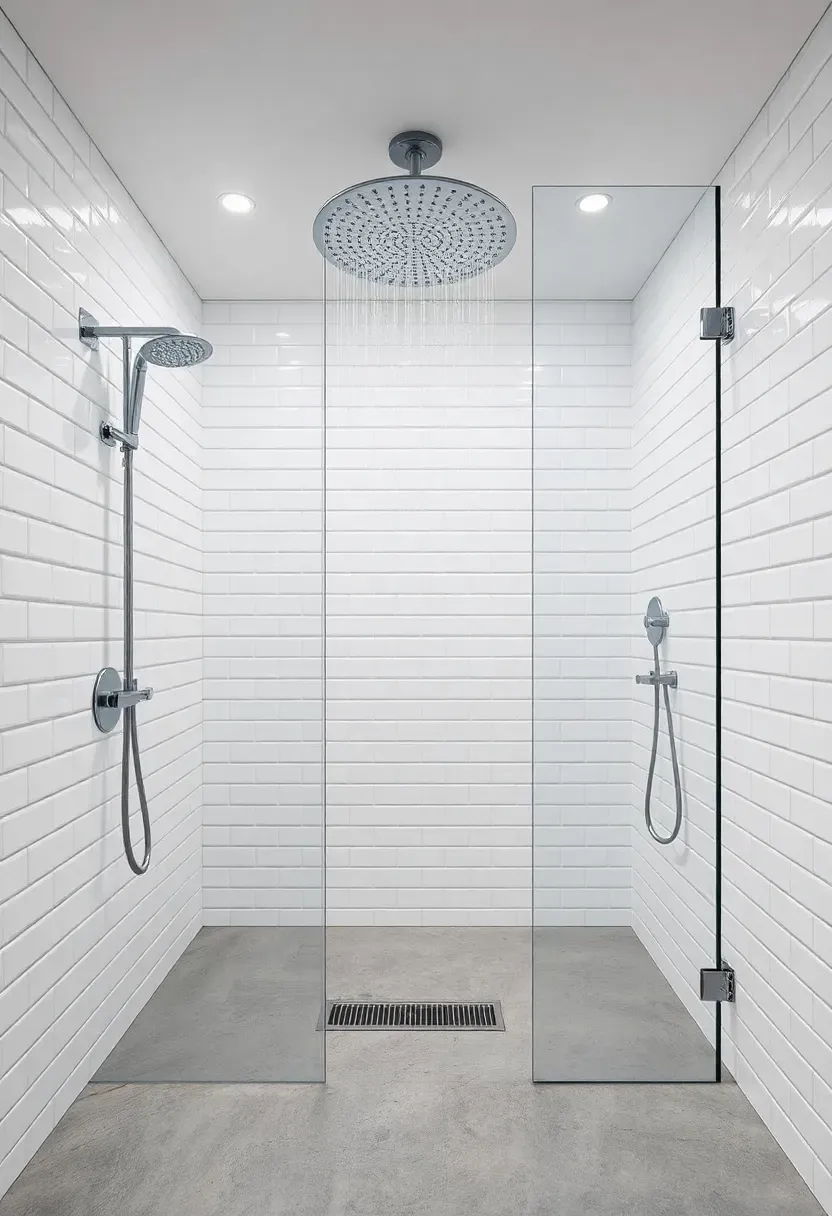 Luxurious rainfall shower with multiple shower heads and glass enclosure in modern bathroom