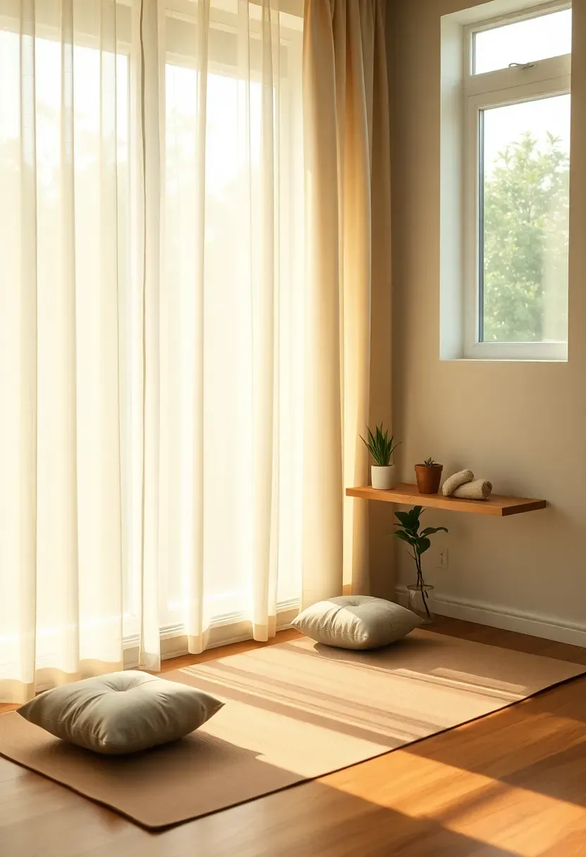 Window-side yoga corner in a small apartment with natural light, a rolled yoga mat, and a low shelf holding blocks and a small plant