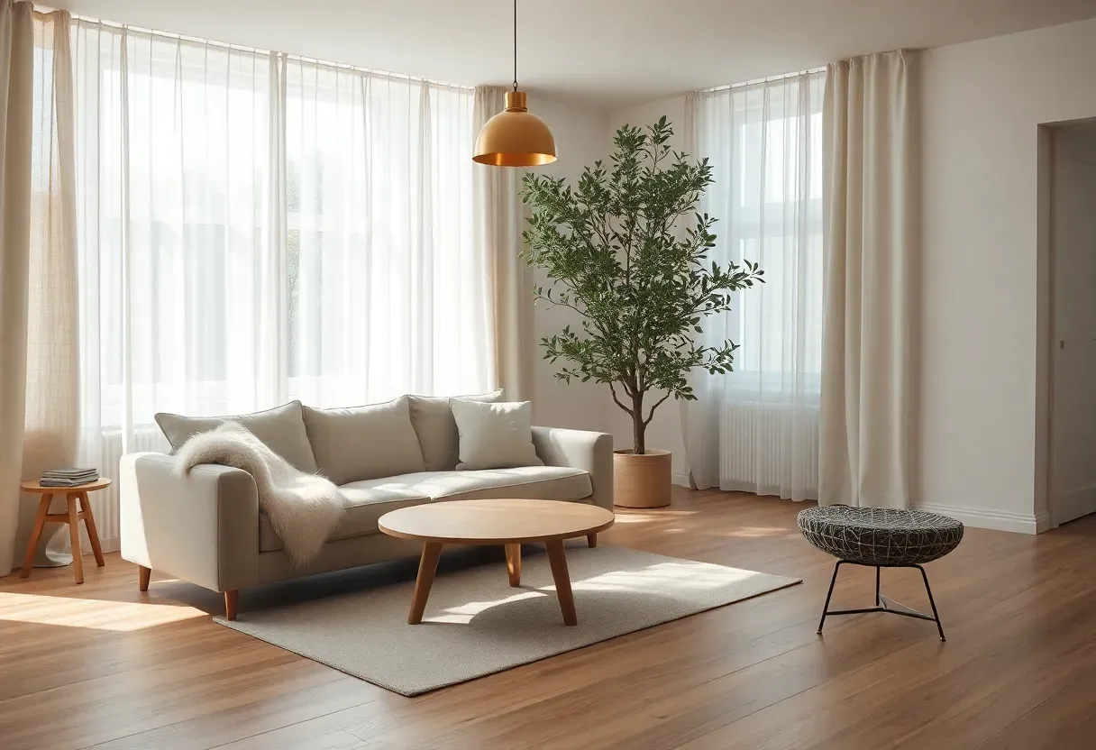 Cozy Scandinavian minimalist living room with light wood floors, neutral sofa, and natural light