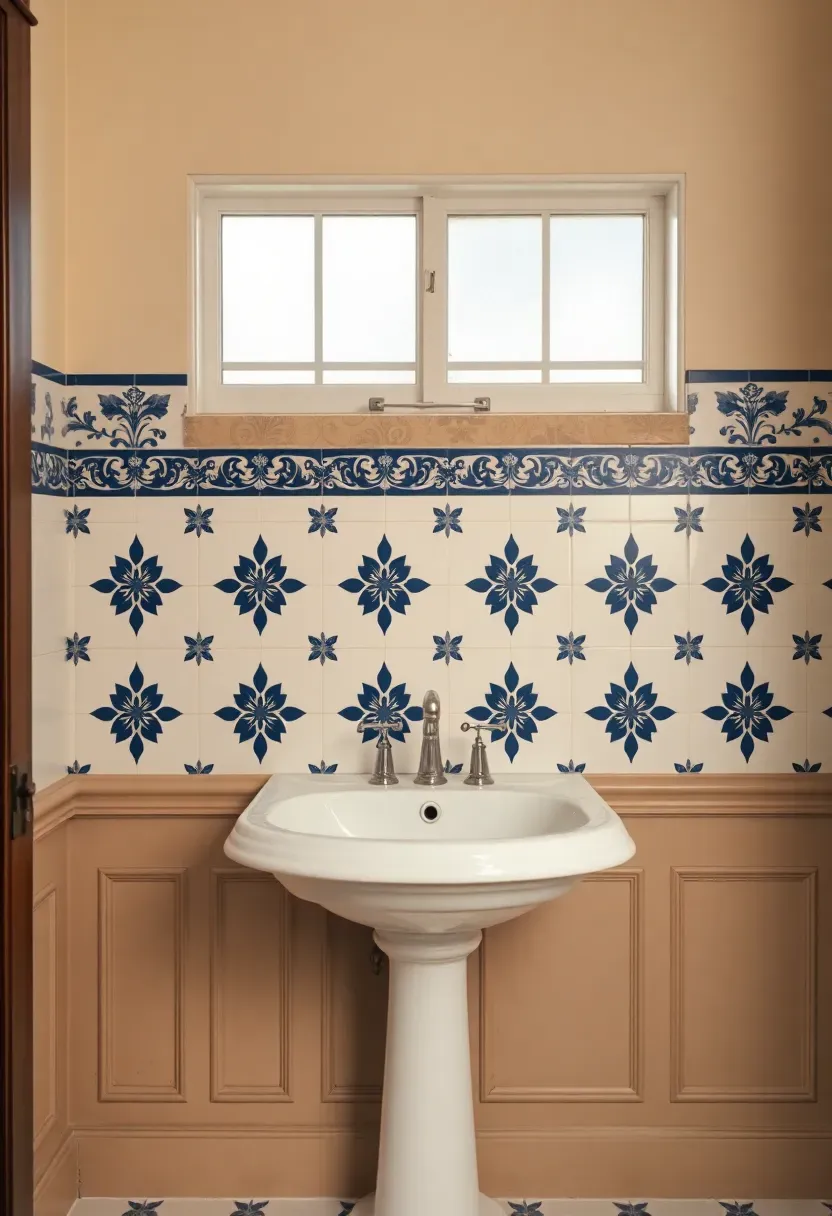 Ornate encaustic tile backsplash with detailed floral border pattern in navy and white behind a traditional pedestal sink in a period bathroom