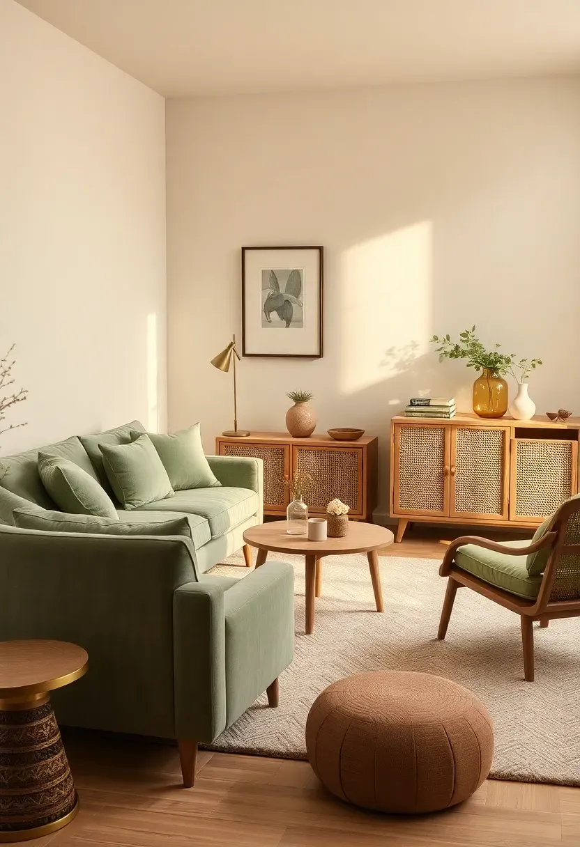 Sage green couch with cane cabinet backdrop