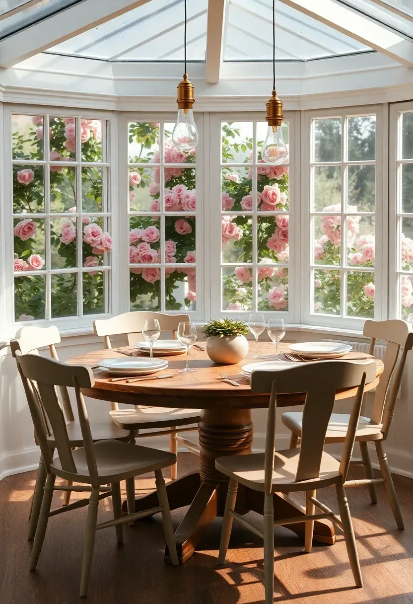 Charming cottage-style conservatory used as a dining room with a round wooden table, mismatched vintage chairs, hanging pendant lights, and climbing roses visible through mullioned windows