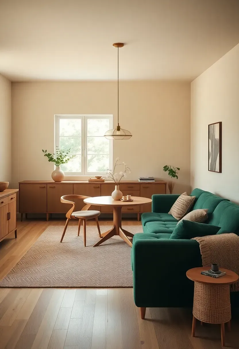Green couch and dining zone in a shared layout
