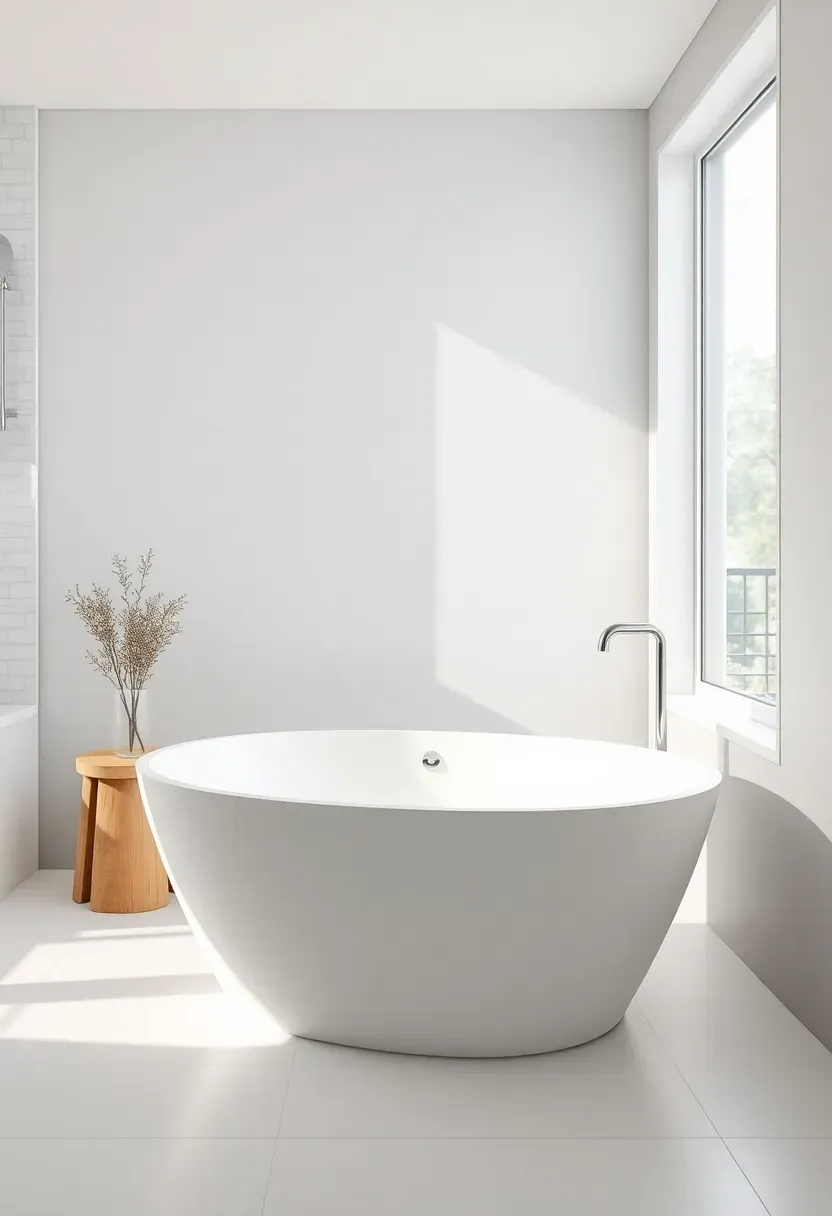White oval freestanding bathtub with brushed gold floor-mount faucet as a spa-like focal point in a simple modern bathroom