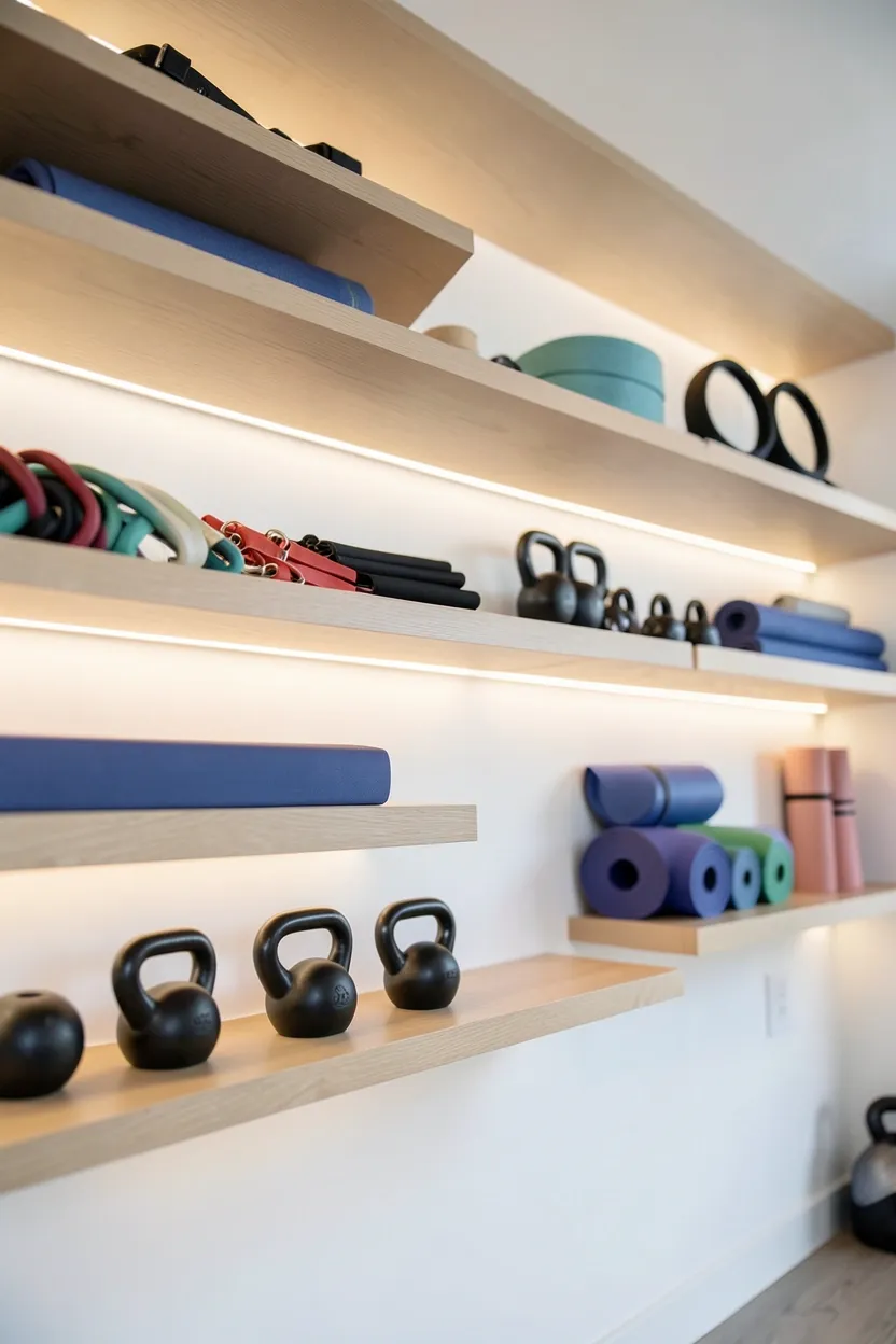 White floating shelves holding dumbbells and resistance bands on a light gray gym wall — minimalist vertical storage in a home workout space