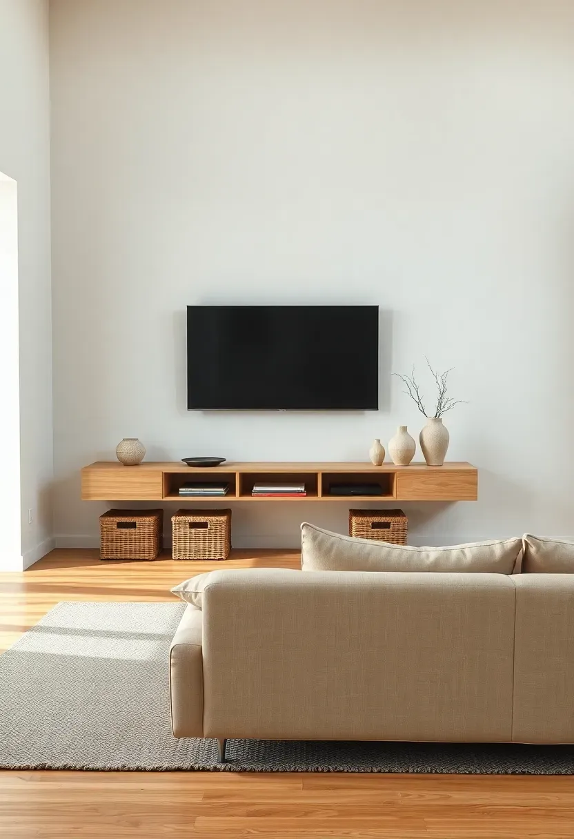 Hyper-realistic wide shot of a minimalist Japandi living room with floating low entertainment unit in light oak, wall-mounted TV, woven storage baskets below, low sofa facing the unit. Materials: warm white walls, light oak console, beige linen sofa, gray wool rug, ceramic decorative objects. Soft natural daylight, subtle shadows showing floating console effect, serene and uncluttered atmosphere. Clean composition, sharp wood and textile textures, no visible clutter, no text, no logos.</p>