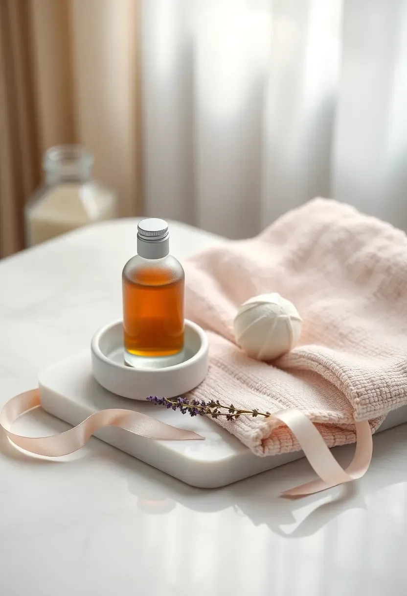 mini spa kit prize with bath bomb bath oil and folded towel tied with a pastel ribbon
