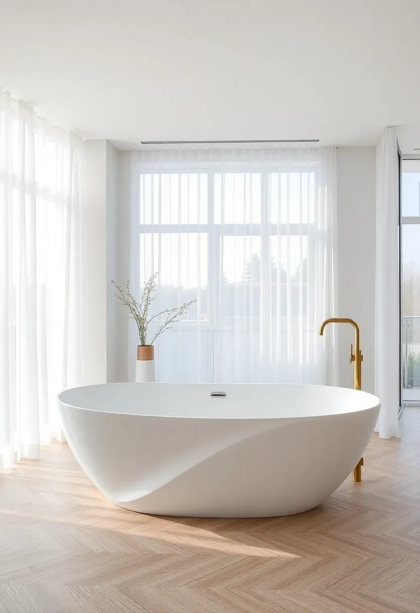 Freestanding sculptural white bathtub with organic curved shape in a bright modern bathroom