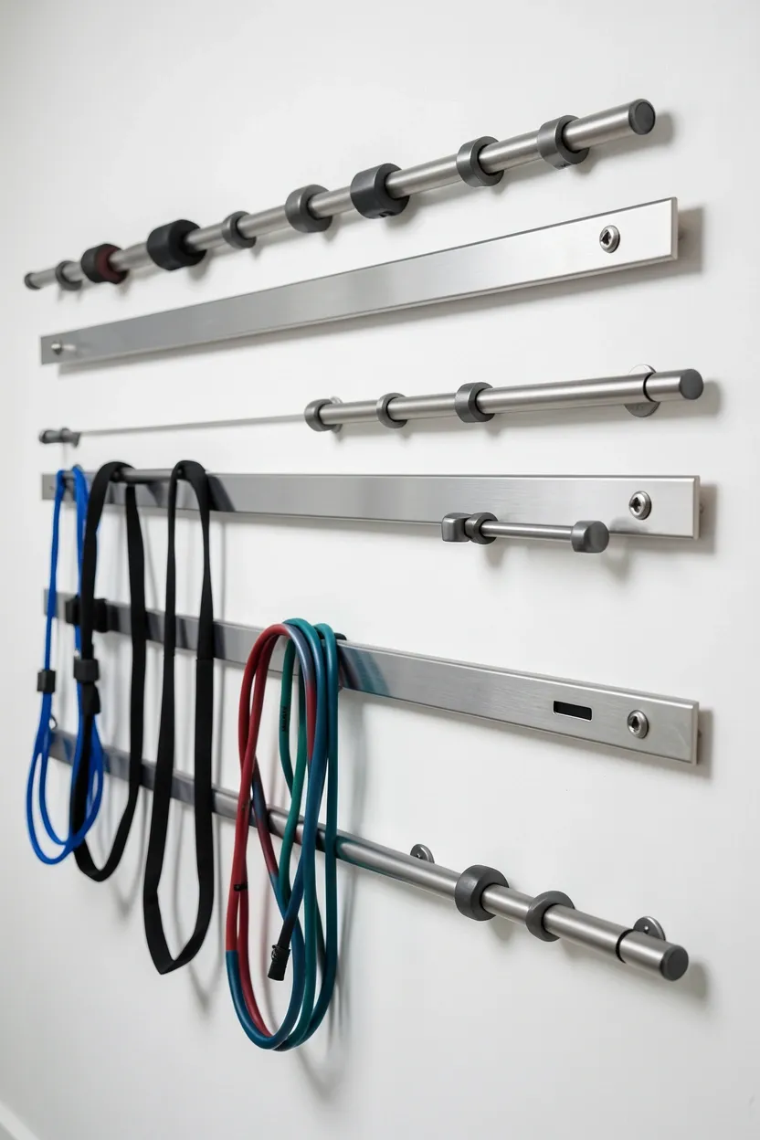 Brushed steel magnetic rail mounted on a white gym wall displaying resistance bands and jump rope — gallery-style equipment organization in a minimalist home gym