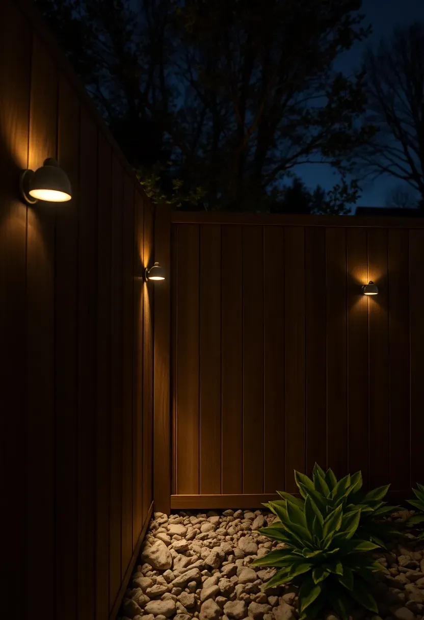 A dark wood privacy fence at night with small wall-mounted sconce lights installed on alternating fence posts creating pools of warm light
