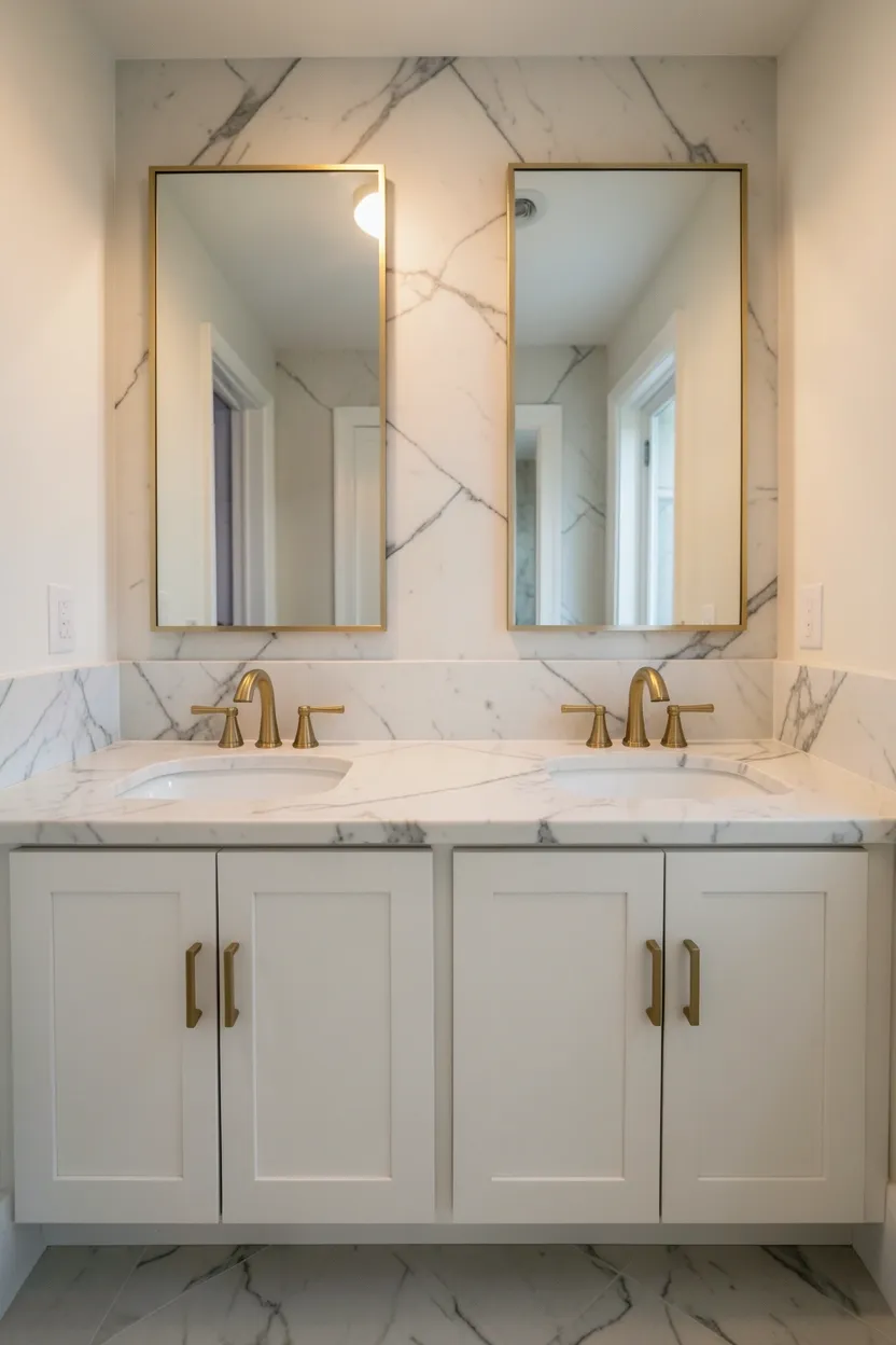 Double vanity with white marble countertop, under-mount sinks, and brass hardware in a sophisticated master bathroom
