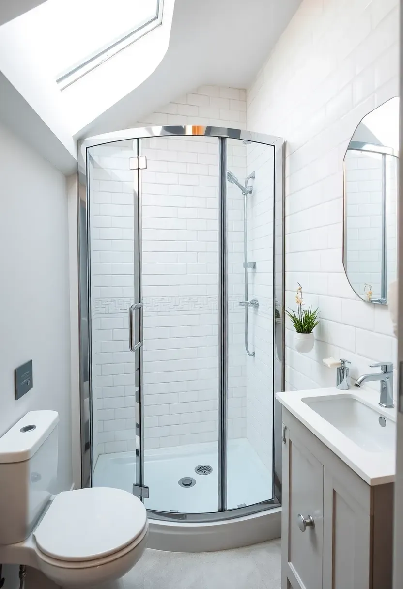 Neo-angle corner shower with diagonal glass door entry in a small bathroom