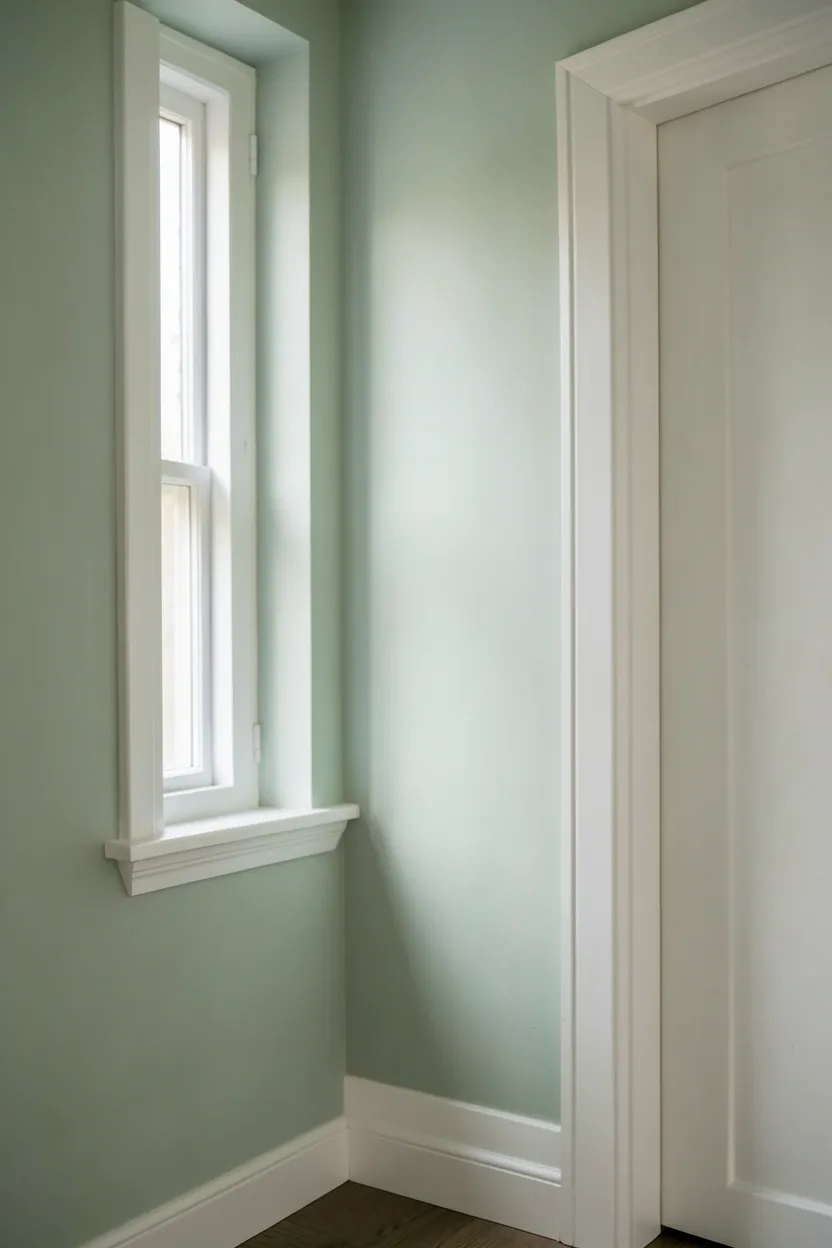 Apartment bathroom with soft sage green painted walls and crisp white baseboards and door trim, creating a fresh calm palette for renters