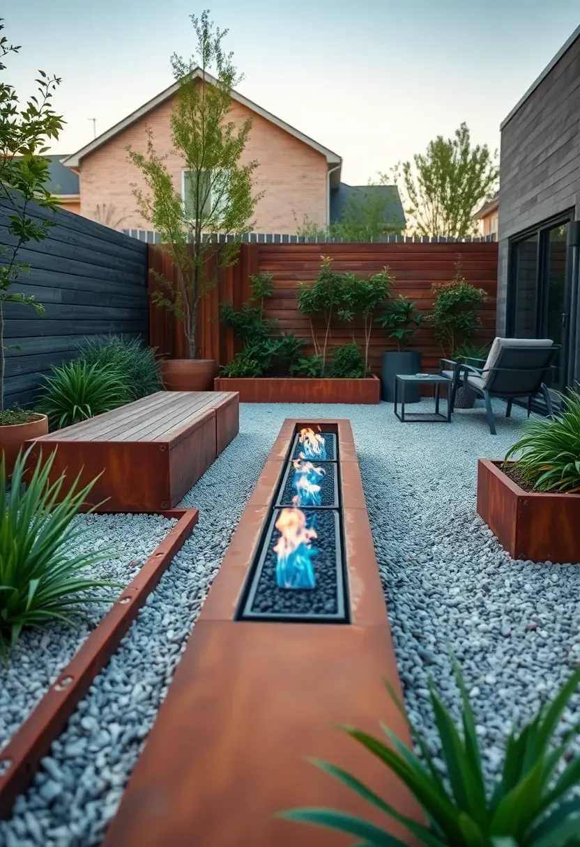 A contemporary backyard with rusted Corten steel planters and edging dividing gravel zones from lush ornamental plantings, with a linear fire feature and modern furniture