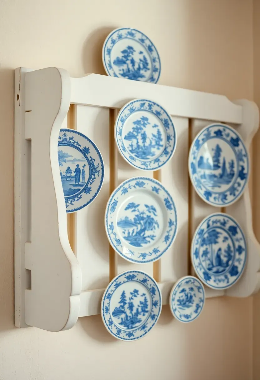 Wall-mounted wooden plate rack displaying antique blue and white transferware