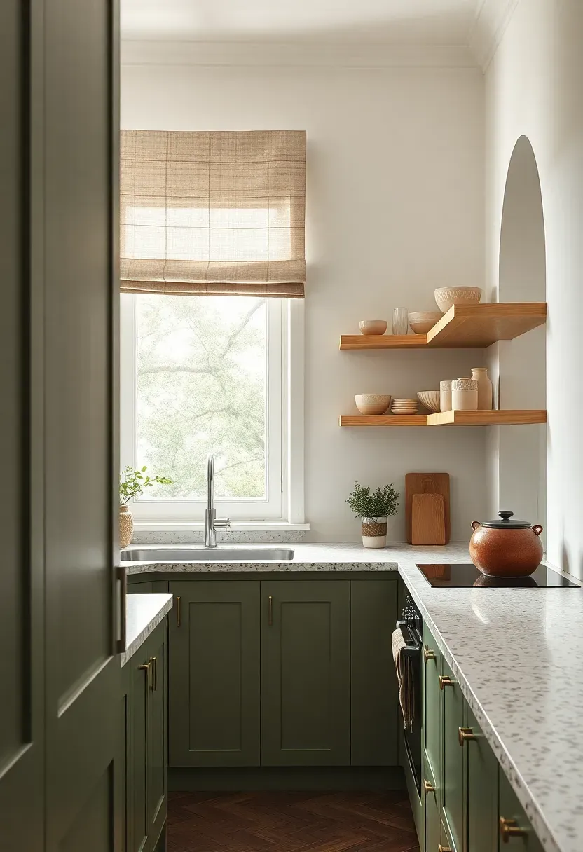 Small galley kitchen with sage green painted cabinets, white oak open shelving, linen roman shade on a small window, and a terrazzo countertop