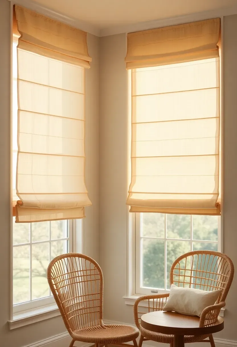 Linen sheer Roman shades in a warm ivory tone half-lowered on sunroom windows with soft diffused light illuminating a reading corner below