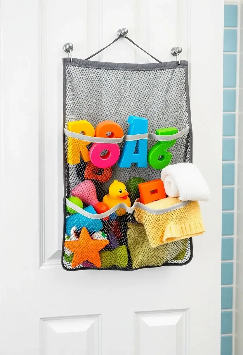 Mesh fabric caddy hanging on the back of a bathroom door holding colorful plastic bath toys and bath time supplies