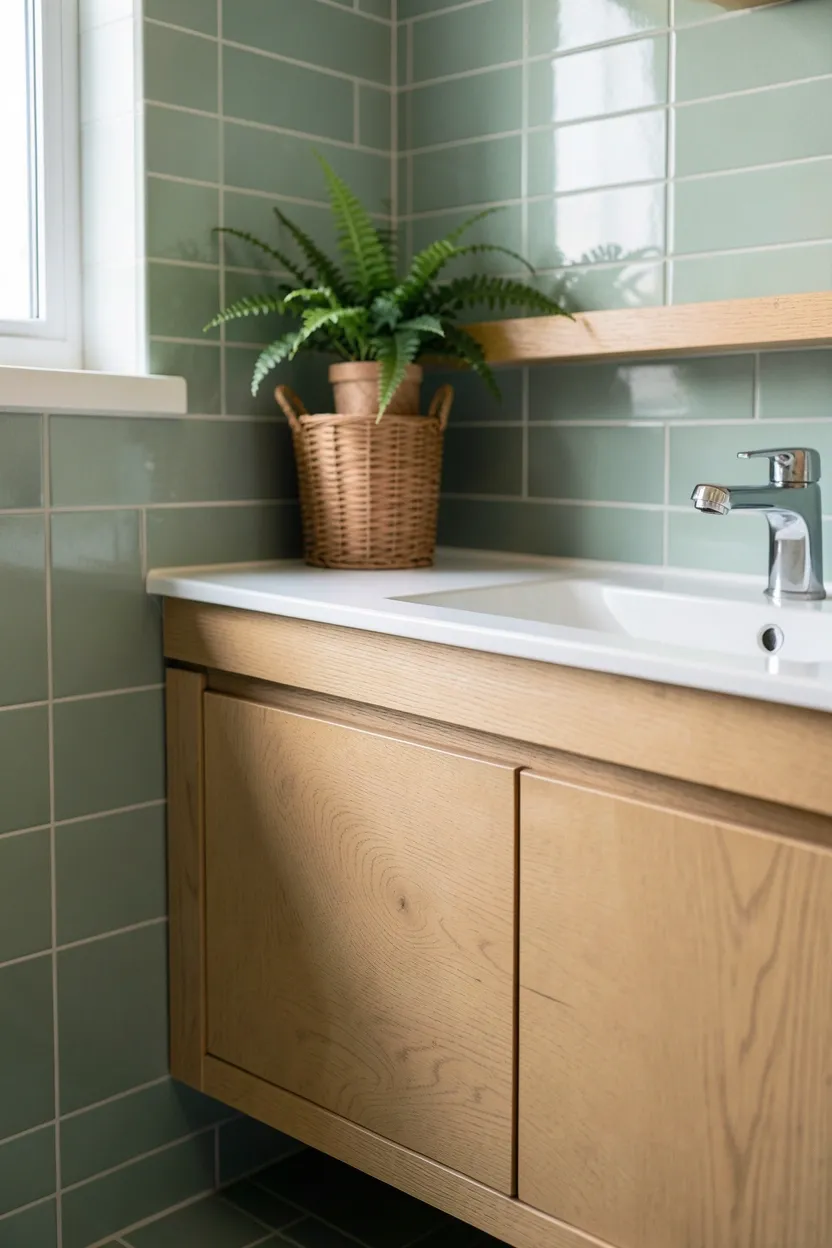 Natural light oak wood vanity with sage green wall tiles and brass hardware in an organic nature-inspired bathroom