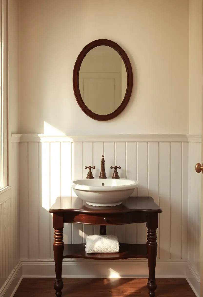 Traditional bathroom with white beadboard wainscoting backsplash behind a console sink, oil-rubbed bronze fixtures, and oval framed mirror