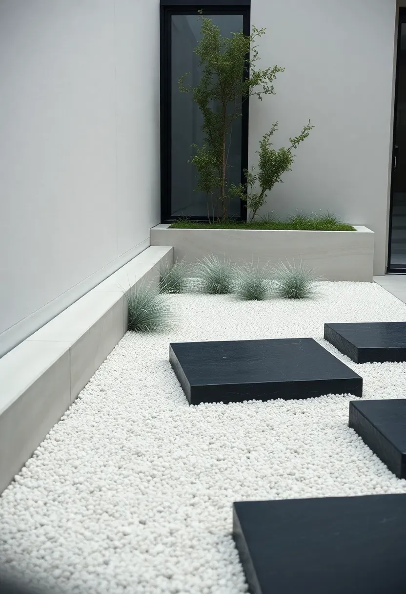 Modern urban zen garden with polished concrete borders, fine white gravel, low ornamental grasses, and black basalt stepping stones in a contemporary courtyard setting