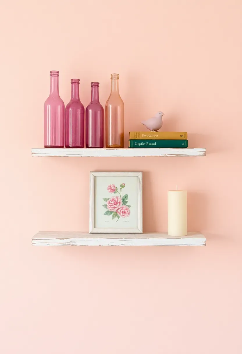 Distressed white floating shelves displaying pink glass bottles, vintage books, and small framed botanical prints