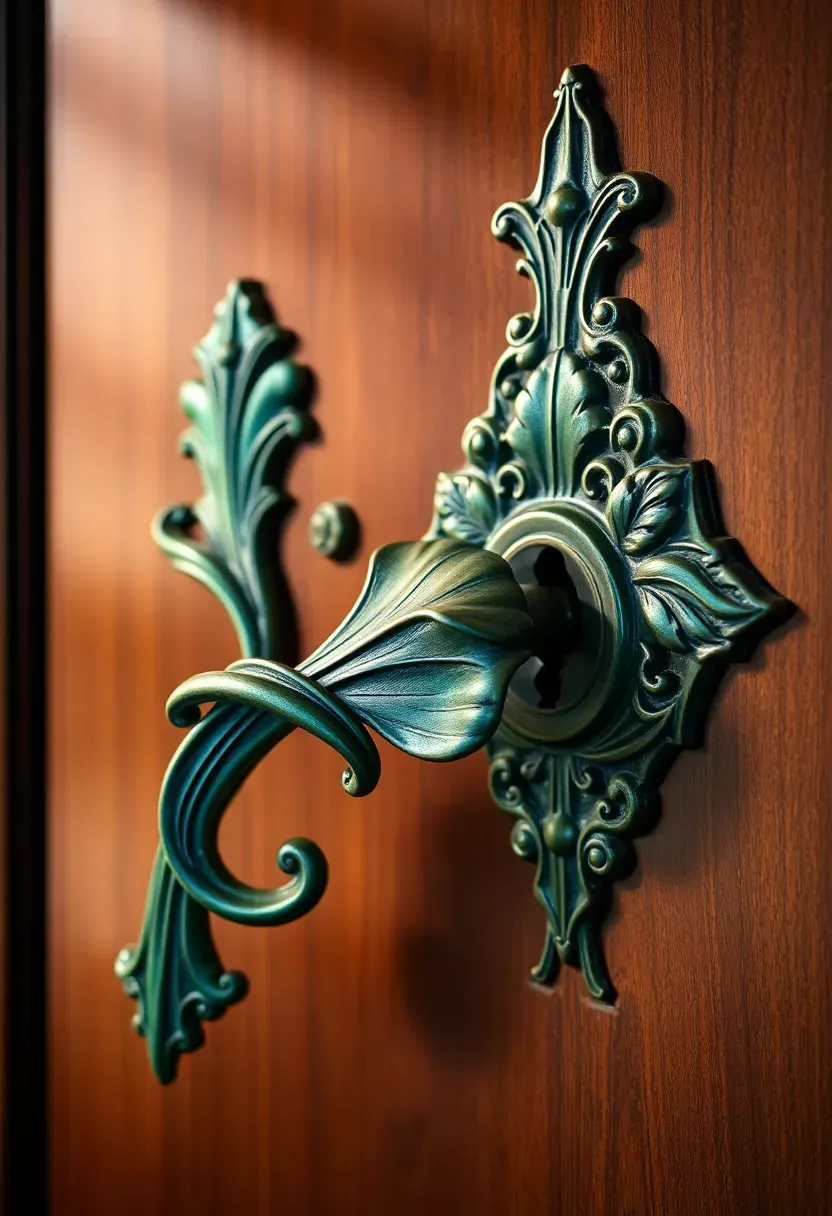 Art Nouveau door hardware with bronze leaf and flower motifs on a walnut door