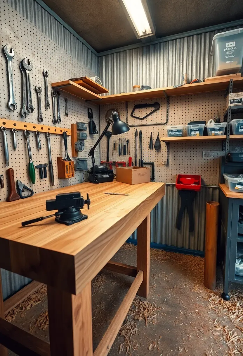 Workshop and craft corner man cave with pegboard tool wall, sturdy workbench, clamp storage, task lighting, and organized bins of materials on open shelving