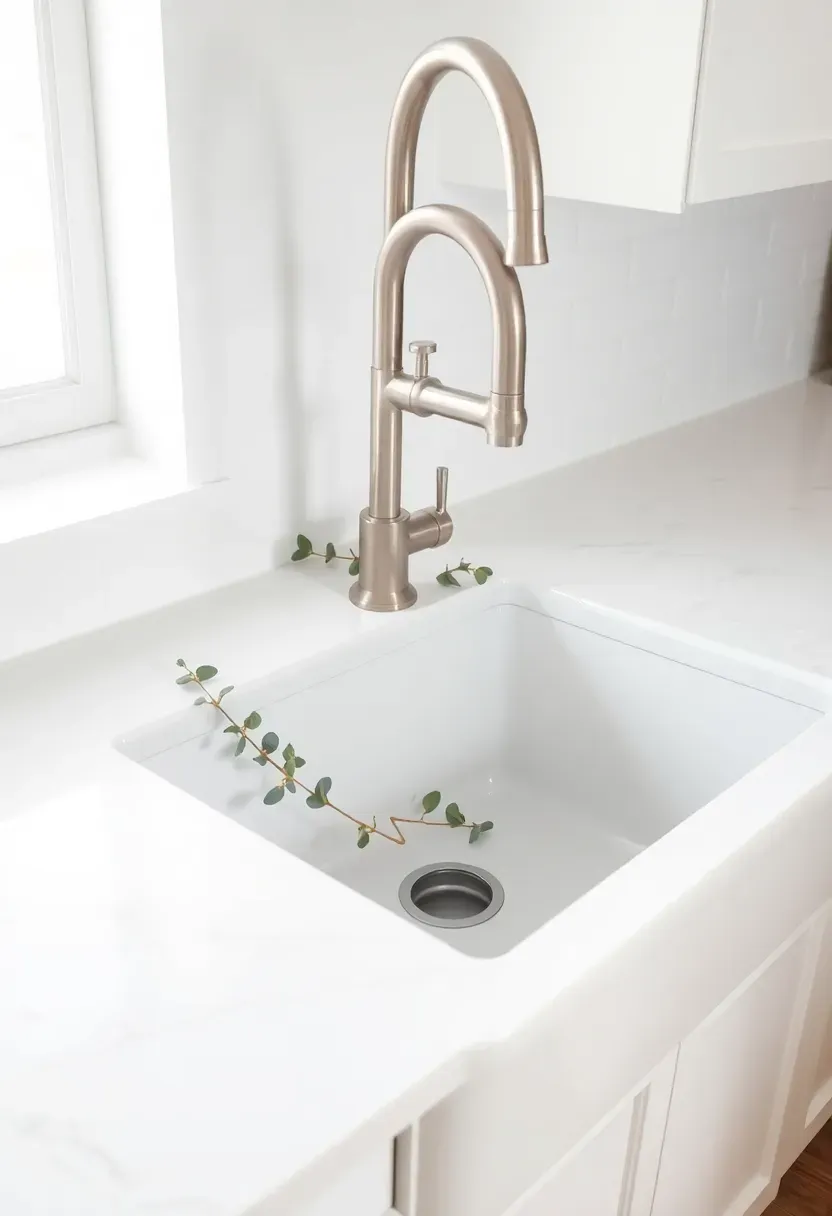 Close-up of AI-recommended quartz countertop with subtle veining in warm white and gray, paired with a farmhouse sink and brushed nickel faucet