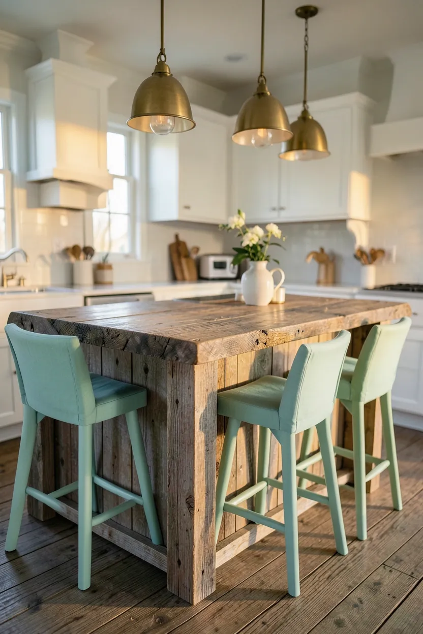 Reclaimed weathered wood kitchen island with live-edge countertop and seafoam green pendant lights — coastal kitchen centerpiece