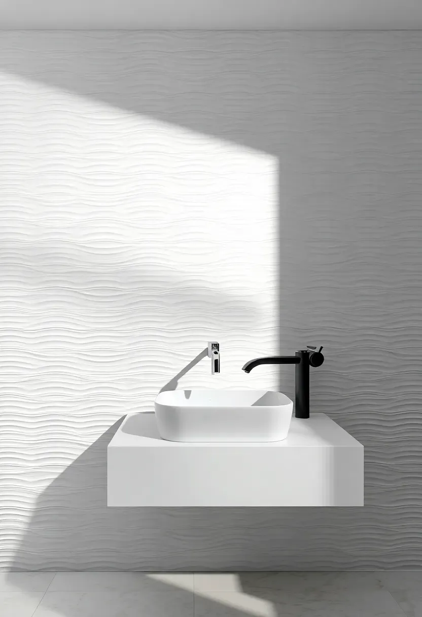 Bathroom with large-format textured porcelain tiles in ribbed three-dimensional pattern creating light and shadow on the backsplash behind a minimalist vanity