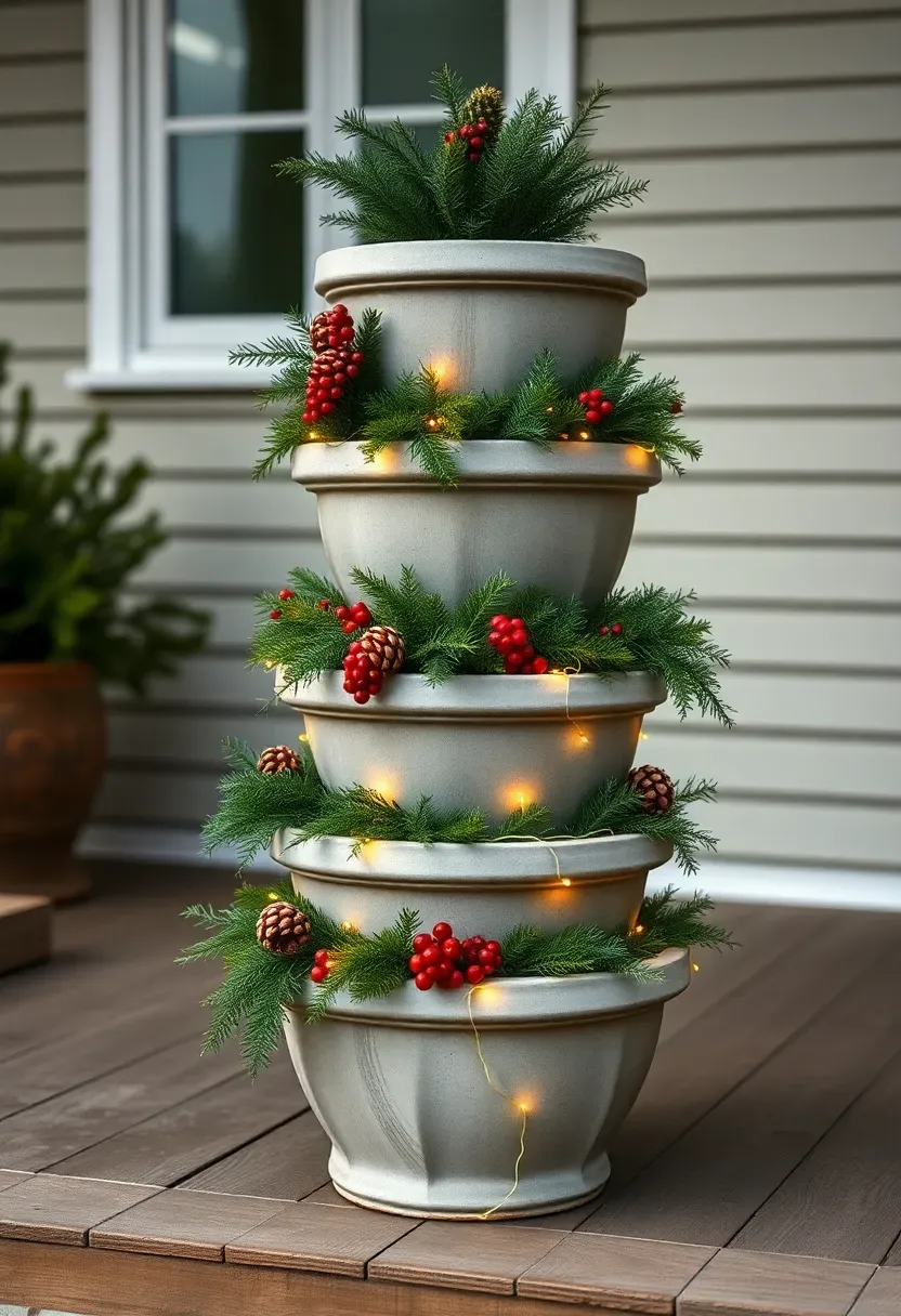 Hyper-realistic exterior close-up shot of tiered planter stack on front porch. Five circular concrete planters stacked in decreasing size (24 20 16 12 and 8 inches diameter) secured vertically. Each tier contains different fresh greenery: bottom has magnolia branches and pine cones, second tier has balsam fir boughs with red berries, third tier has cedar and eucalyptus, fourth tier has holly sprigs, top tier has small pine arrangement. Warm white LED fairy lights woven throughout all tiers. Stack sits on painted wood porch floor, house siding blurred in background. Overcast daylight (4800K) creating even illumination on tiered arrangement showing texture contrast between planters and greenery. Materials: concrete, fresh evergreens, berries, LED lights. Vertical accent mood, shallow depth of field foreground details, composition emphasizing upward movement and layered structure. No text logos watermarks.</p>