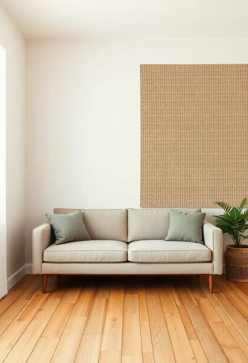 Grasscloth accent wall with clean minimalist furniture creating boho texture in an intimate rental living room