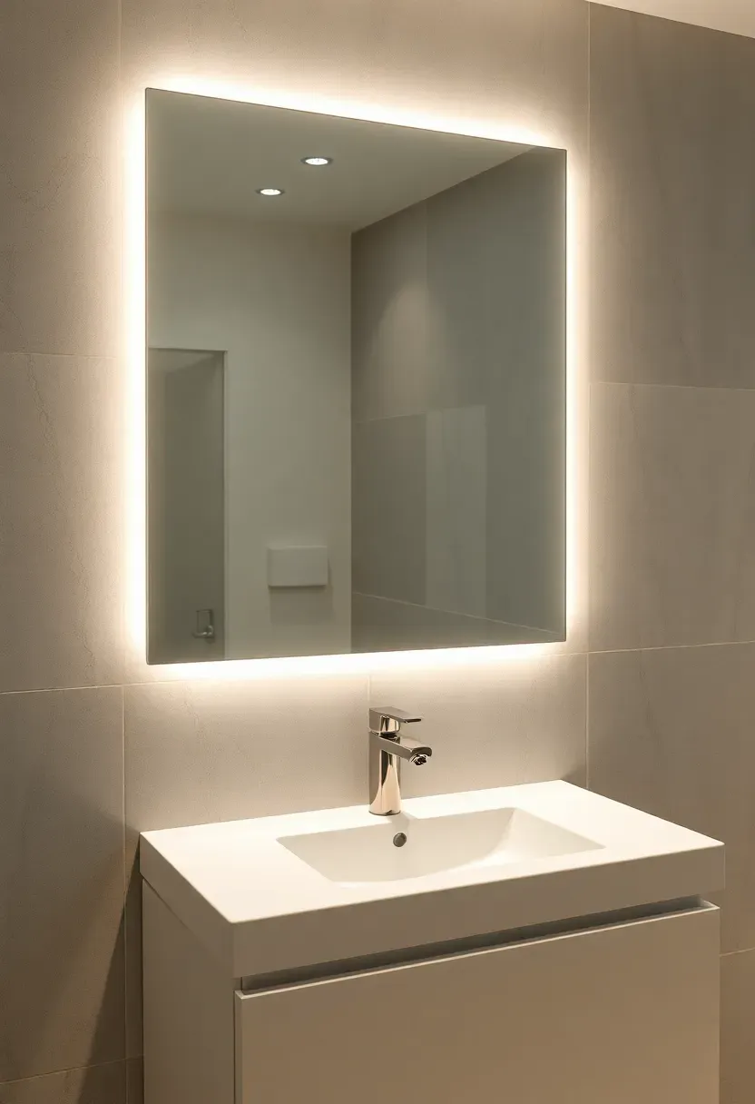 Rectangle backlit LED mirror above a floating vanity casting warm diffused light in a calm, modern bathroom