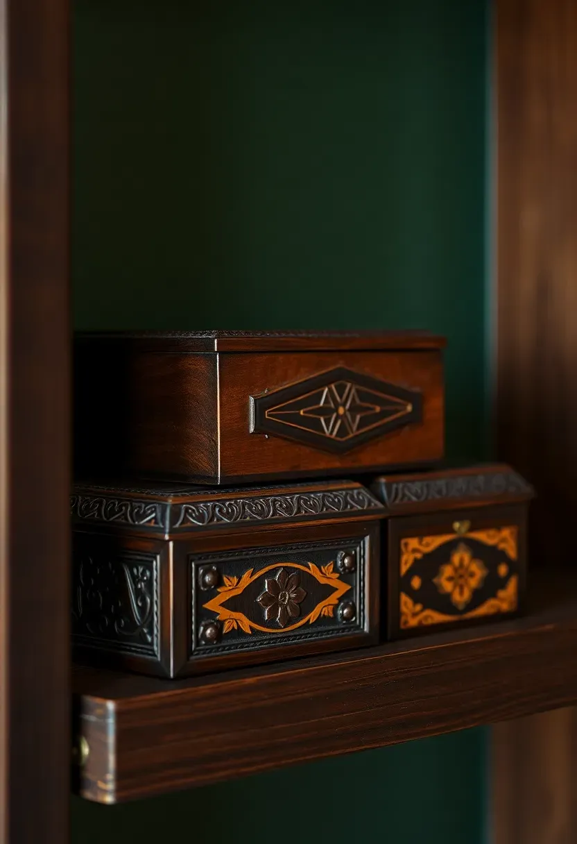 ornately carved wooden boxes on a dark antique shelf