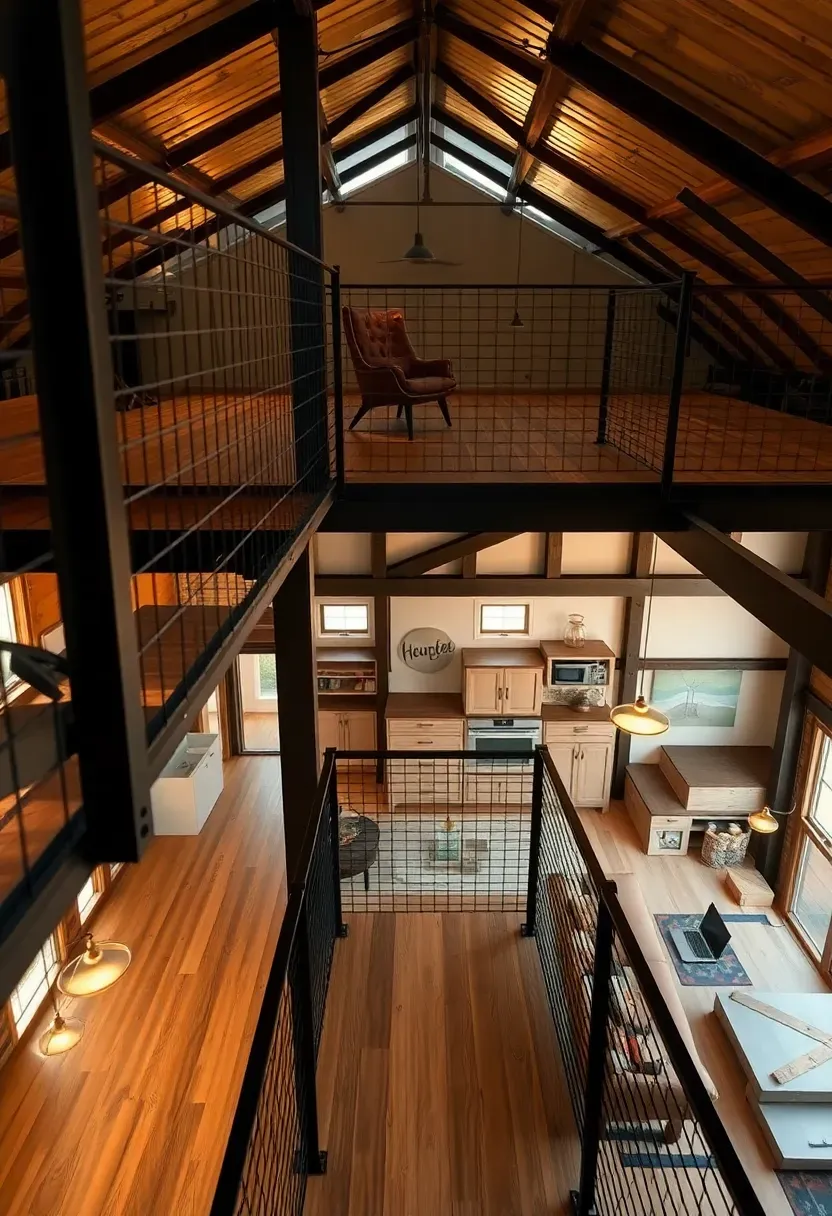barndominium interior loft with metal railing overlooking a large kitchen below