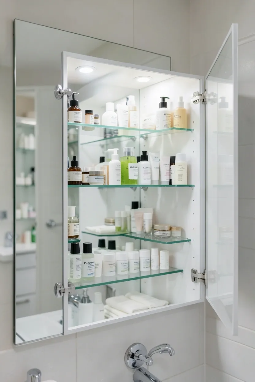 Mirrored medicine cabinet open to reveal organized shelves of toiletries in a modern renter-friendly apartment bathroom