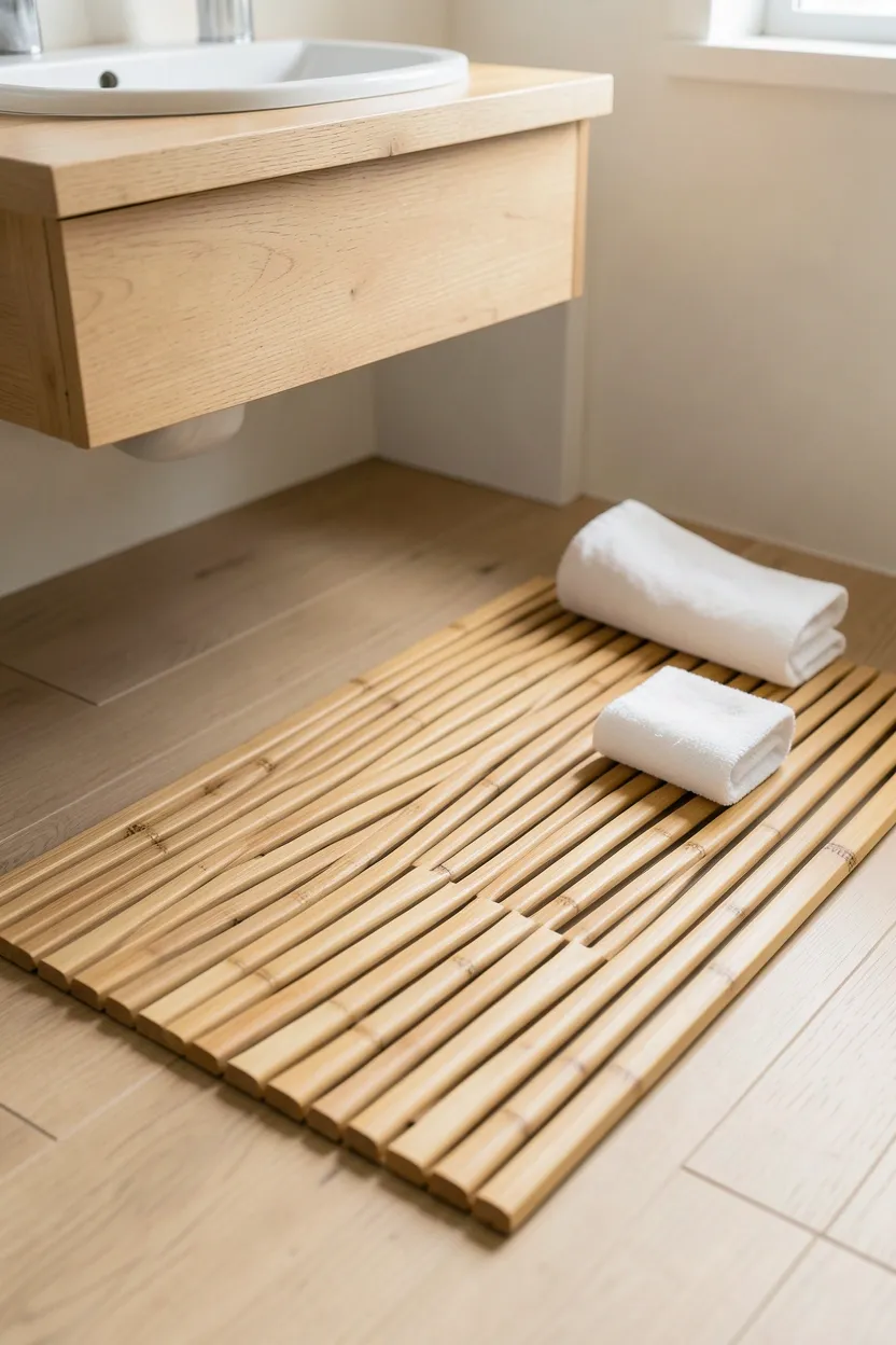 Warm honey-toned bamboo bath mat with slatted design on light tile floor in a calm apartment bathroom