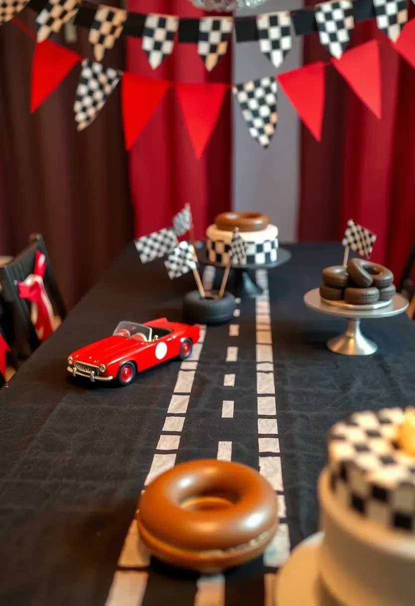racecar themed baby shower with checkered flag bunting, tire shaped donuts, toy car centerpieces on a track runner, red and blue color scheme, and a speedway themed cake