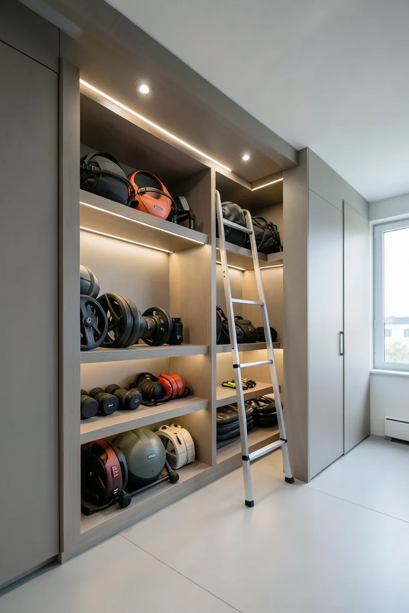 Built-in alcove shelving in small spare room gym with tiered storage for kettlebells, dumbbells, and foam rollers