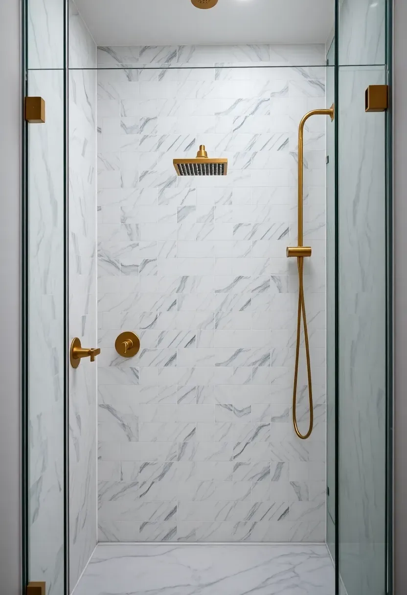 Herringbone marble tile accent wall in white Carrara marble in a bathroom with brass shower fixtures and glass enclosure