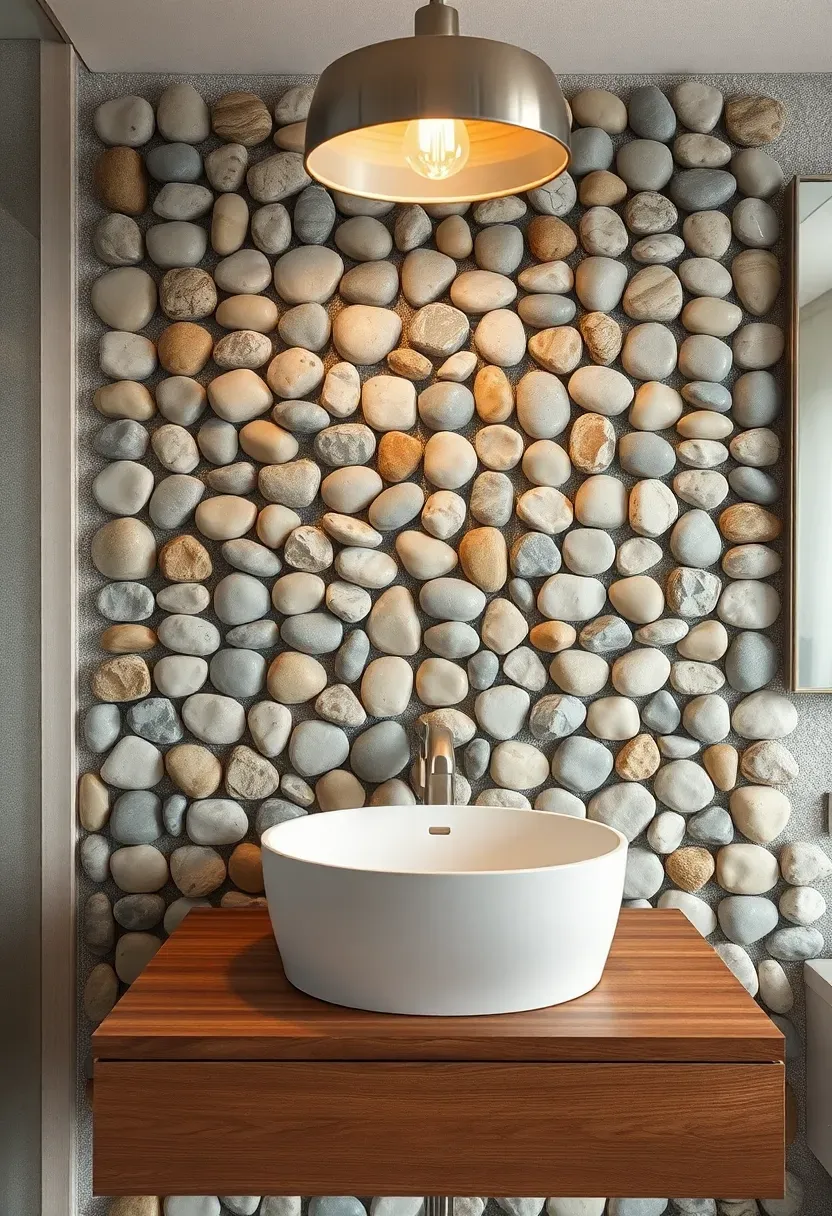 River rock mosaic accent wall section behind a basement bathroom vanity with warm overhead lighting