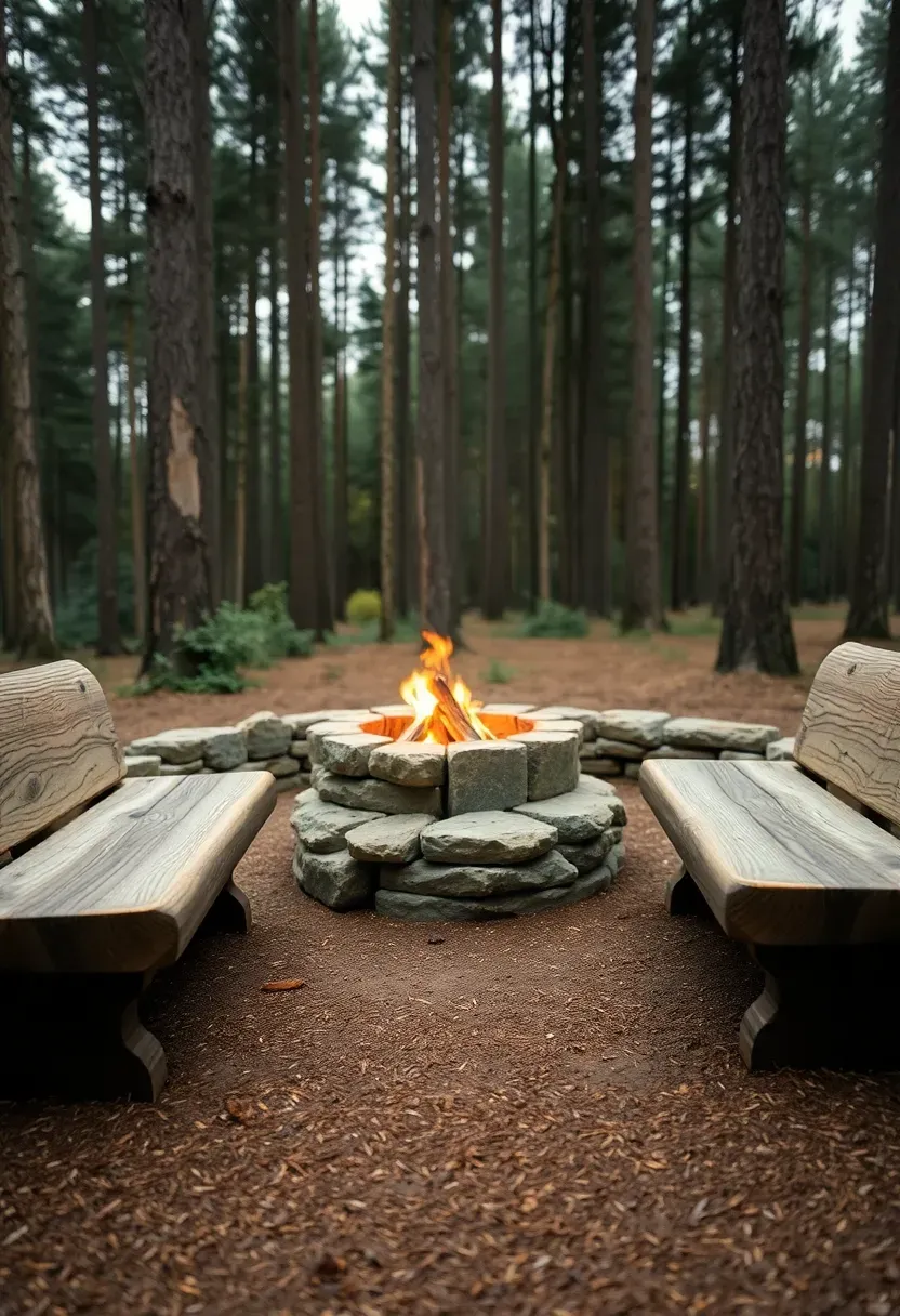 Rustic log bench seating around a stone fire pit in a wooded backyard with pine trees