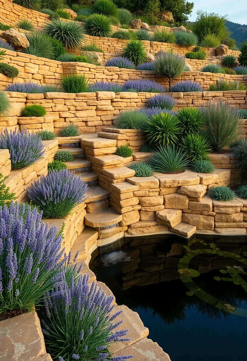 Hillside terraced waterfall garden with sandstone terrace walls linked by flagstone water channels, planted with lavender and aquatic marginals at the lower pool