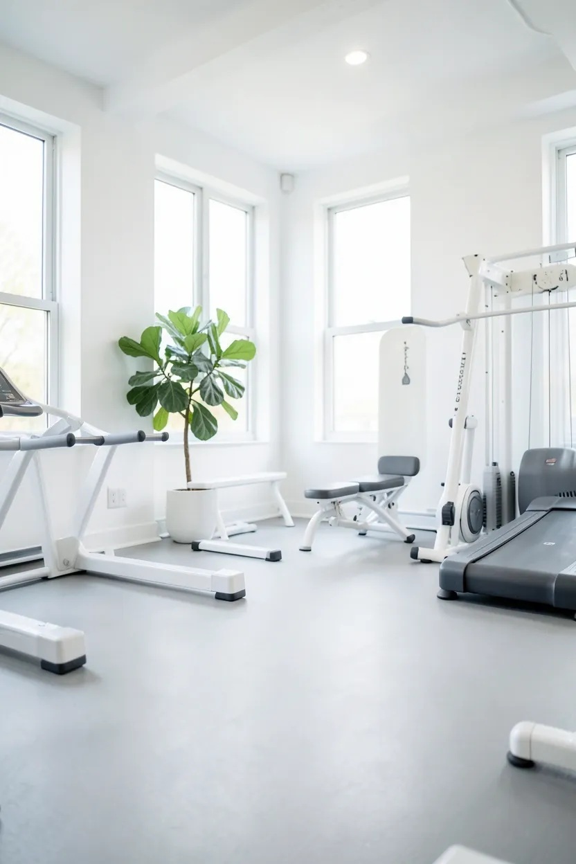 Bright all-white home gym with large windows, light gray flooring, snake plant, and wall-mounted TV for workout apps