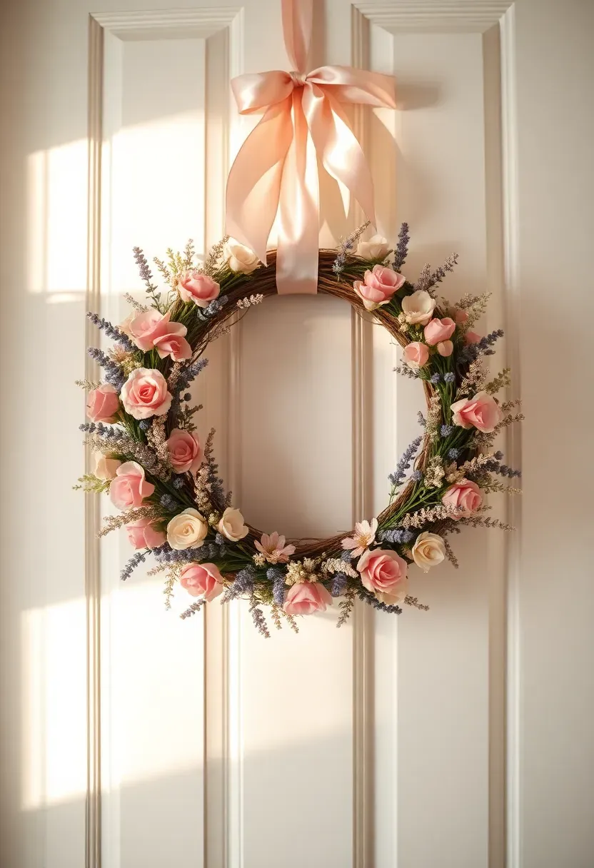 delicate dried flower wreath in muted pink lavender and cream tones hanging on a white door as baby shower entrance decor