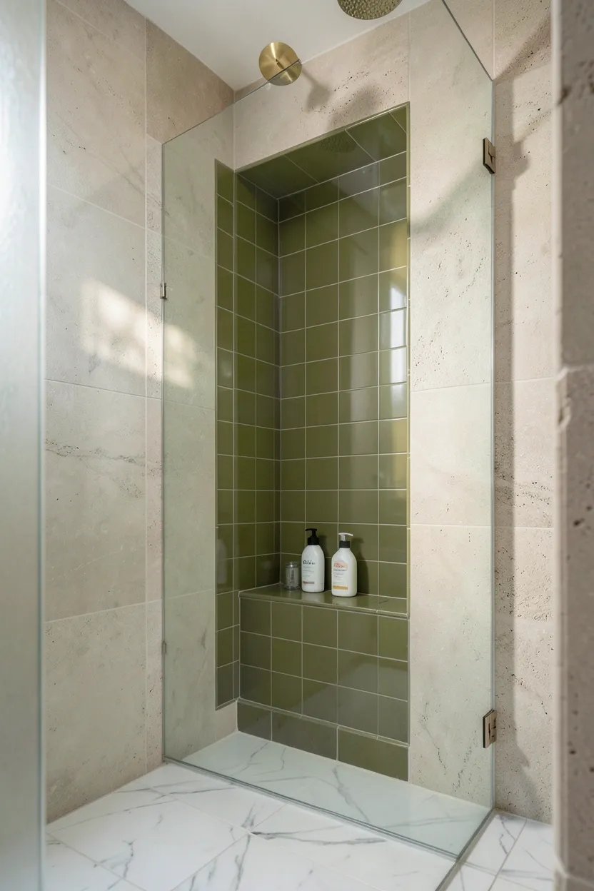 Olive green tiled shower niche surrounded by natural travertine stone walls — sophisticated green bathroom accent idea