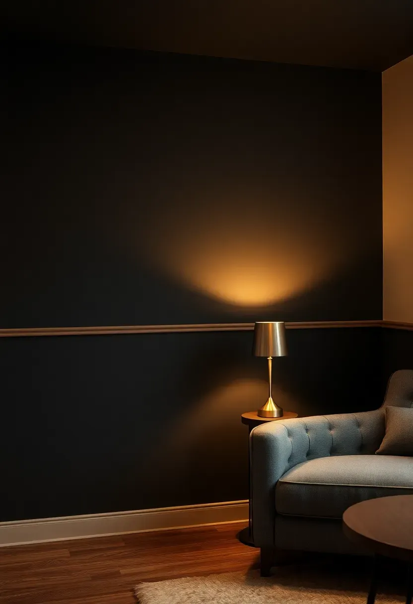 Basement living area with dark charcoal lower walls and cream upper walls creating a sophisticated contrast scheme