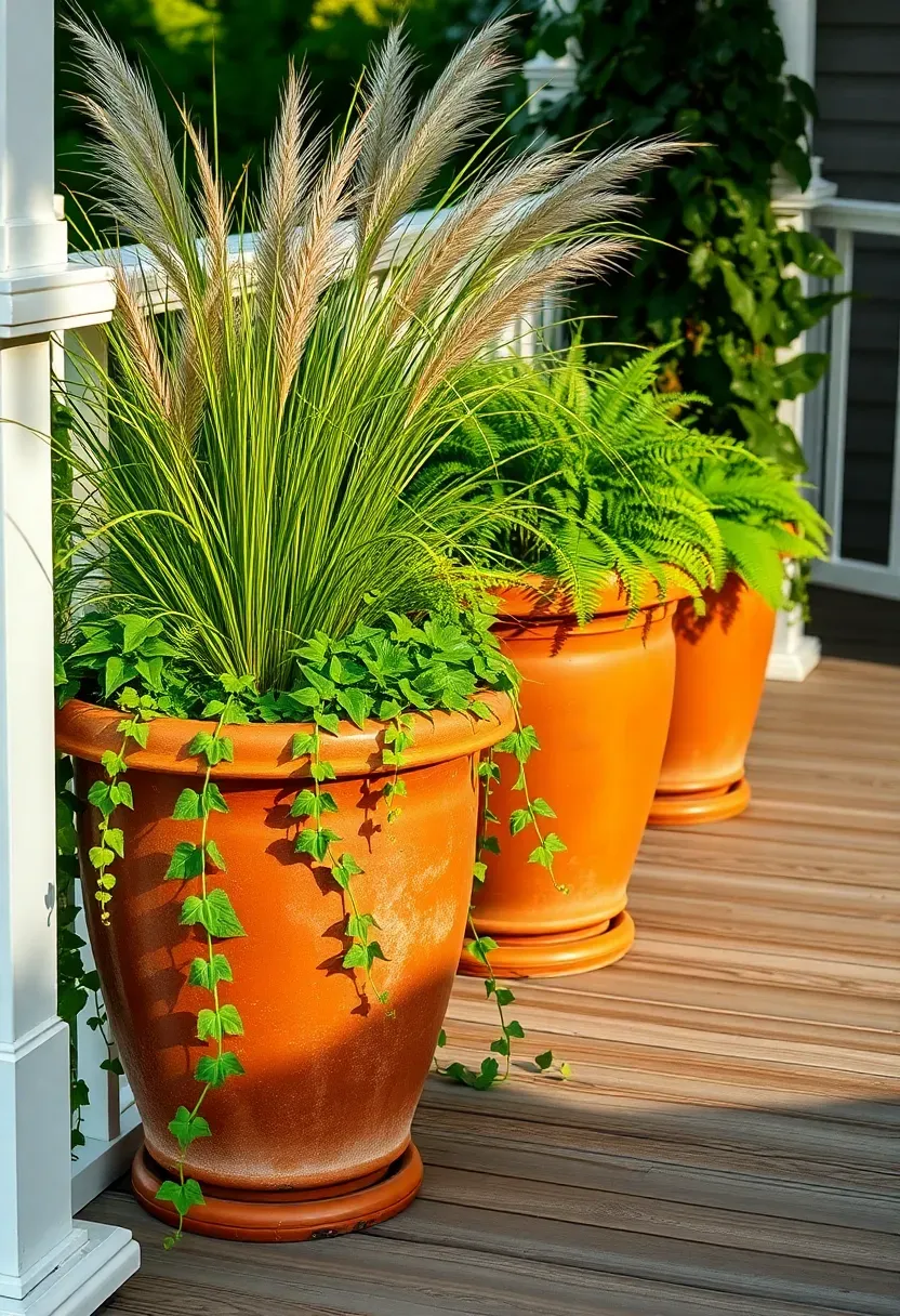 Backyard porch edge lined with large terracotta pots of ornamental grasses, ferns, and trailing ivy