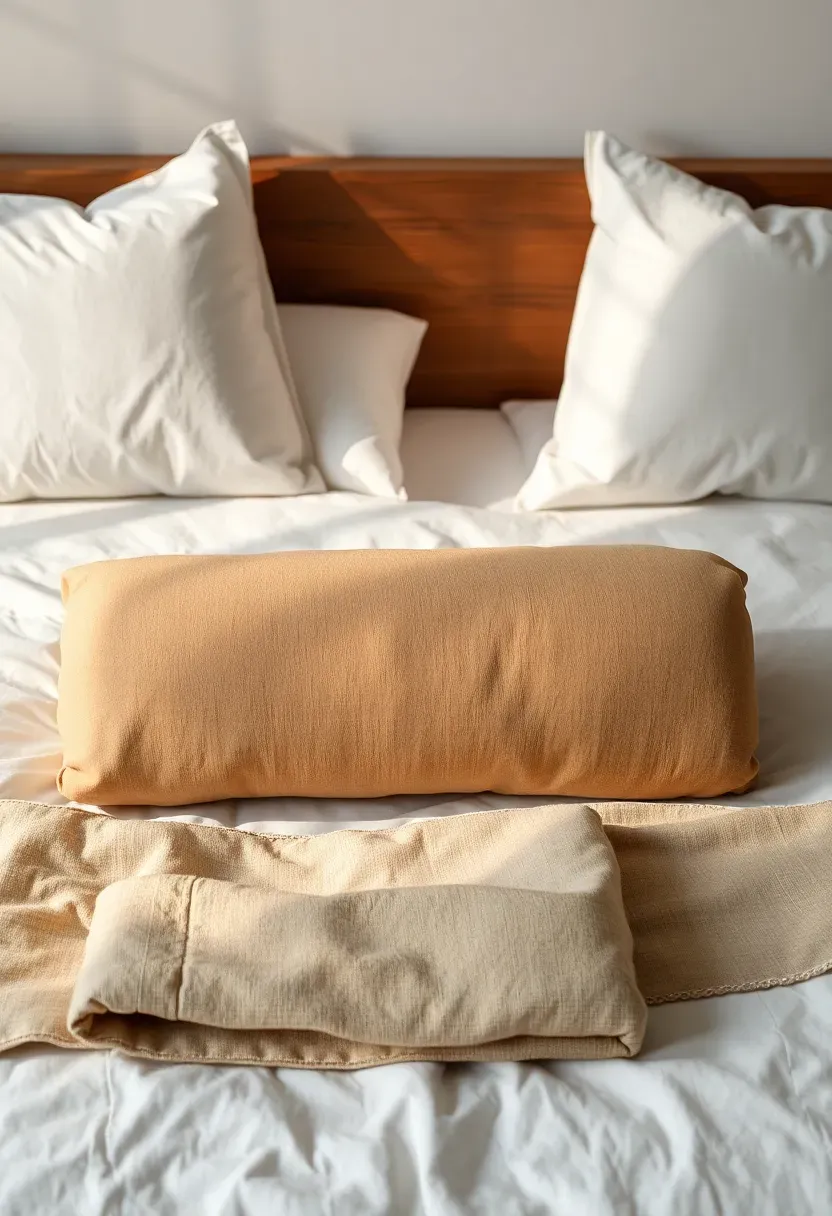 oversized bolster pillows in earth-toned linen arranged across the head of a modern bed